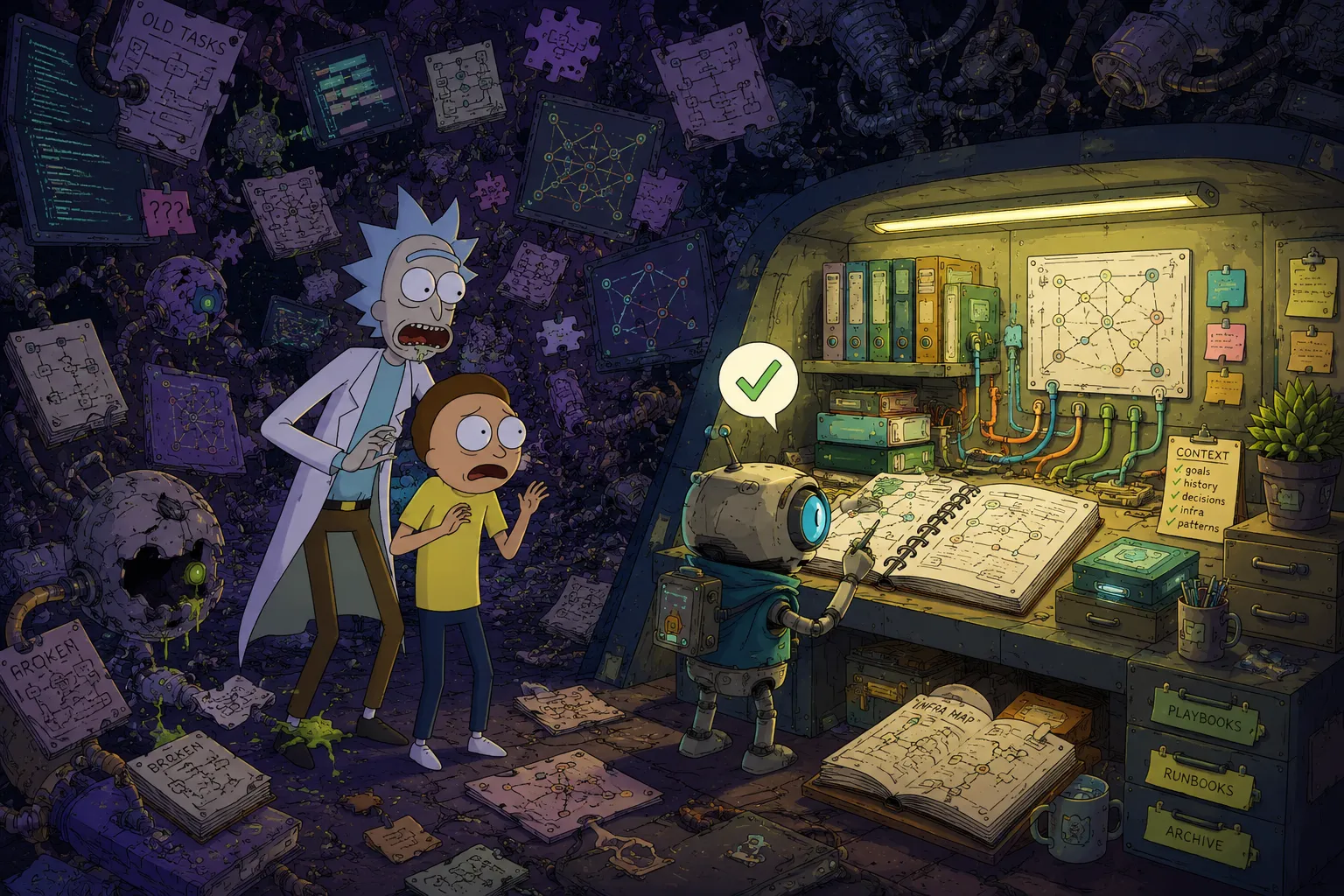 A cluttered workspace with stalled tasks on the left; on the right, a robot updates a journal beside an infrastructure map and drawers of playbooks