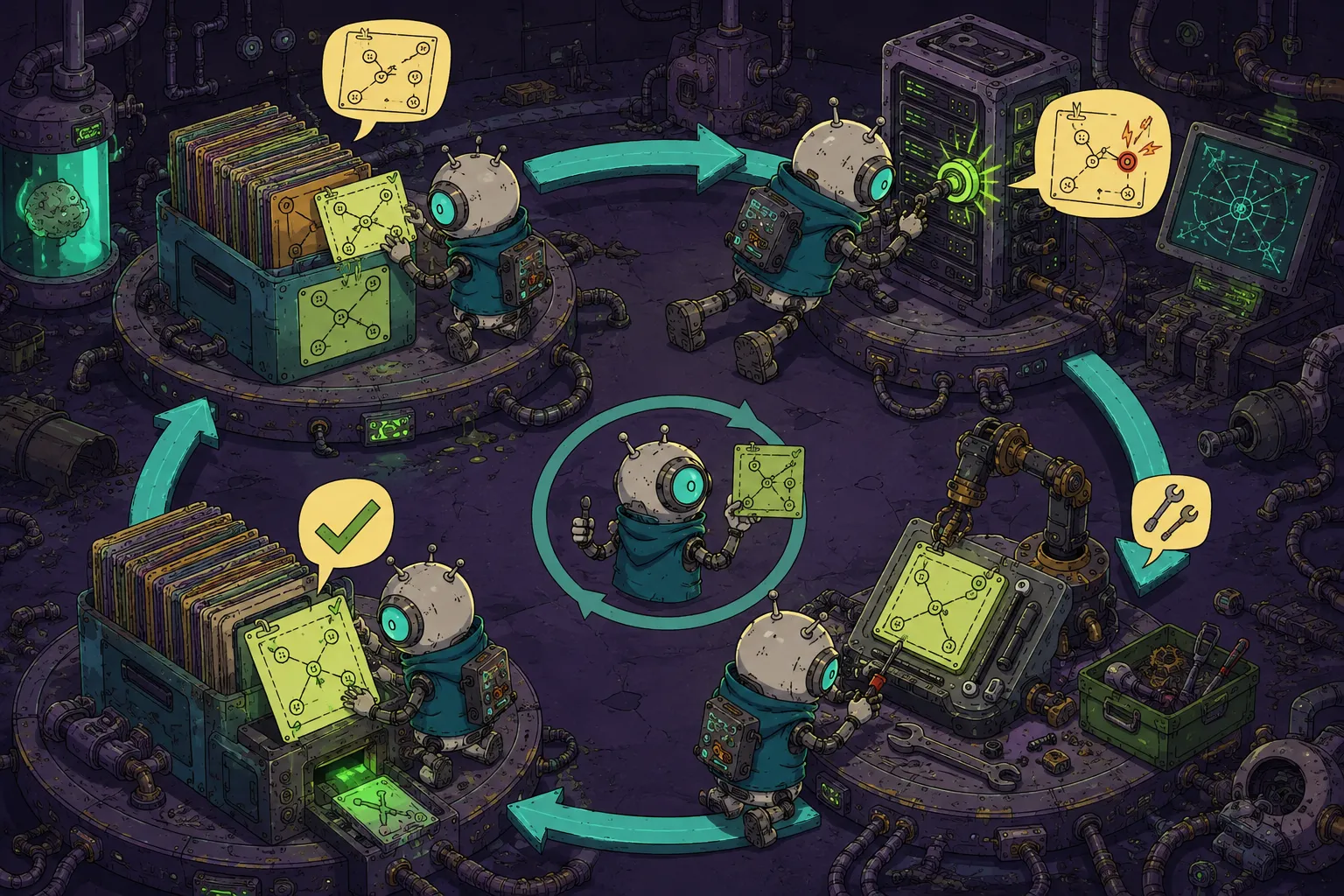 A robot retrieves a card, checks it against a server, corrects a mismatch, and returns the updated card to the file