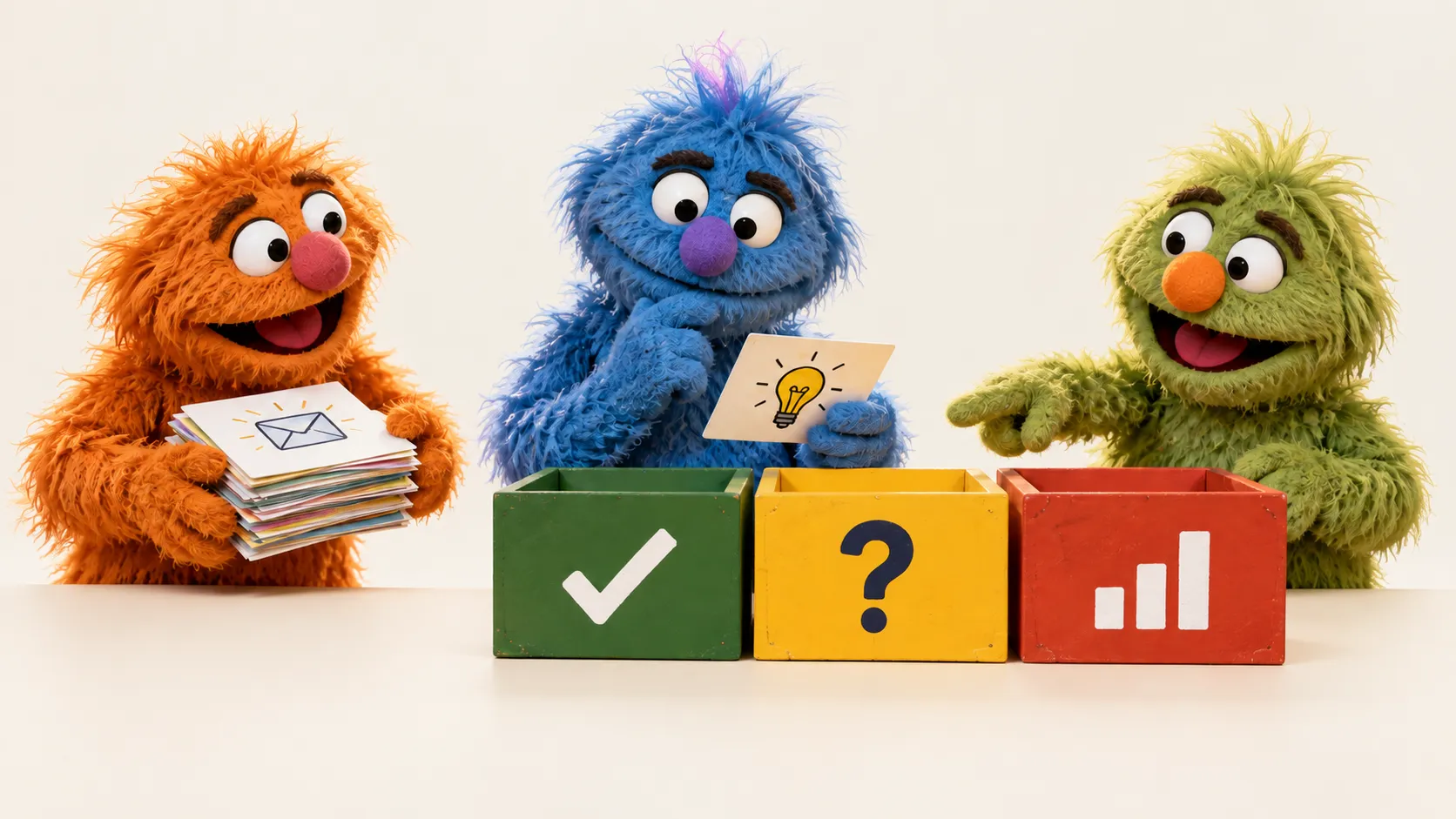 Three furry puppet characters sort cards against a plain light background: an orange puppet brings messages, a blue puppet considers a choice, and a green puppet points to boxes marked with a check, a question mark and a scale